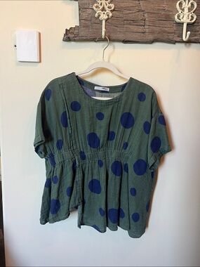 Casual Olive Green Peplum Blouse with Navy Polka Dots - Comfort Fit